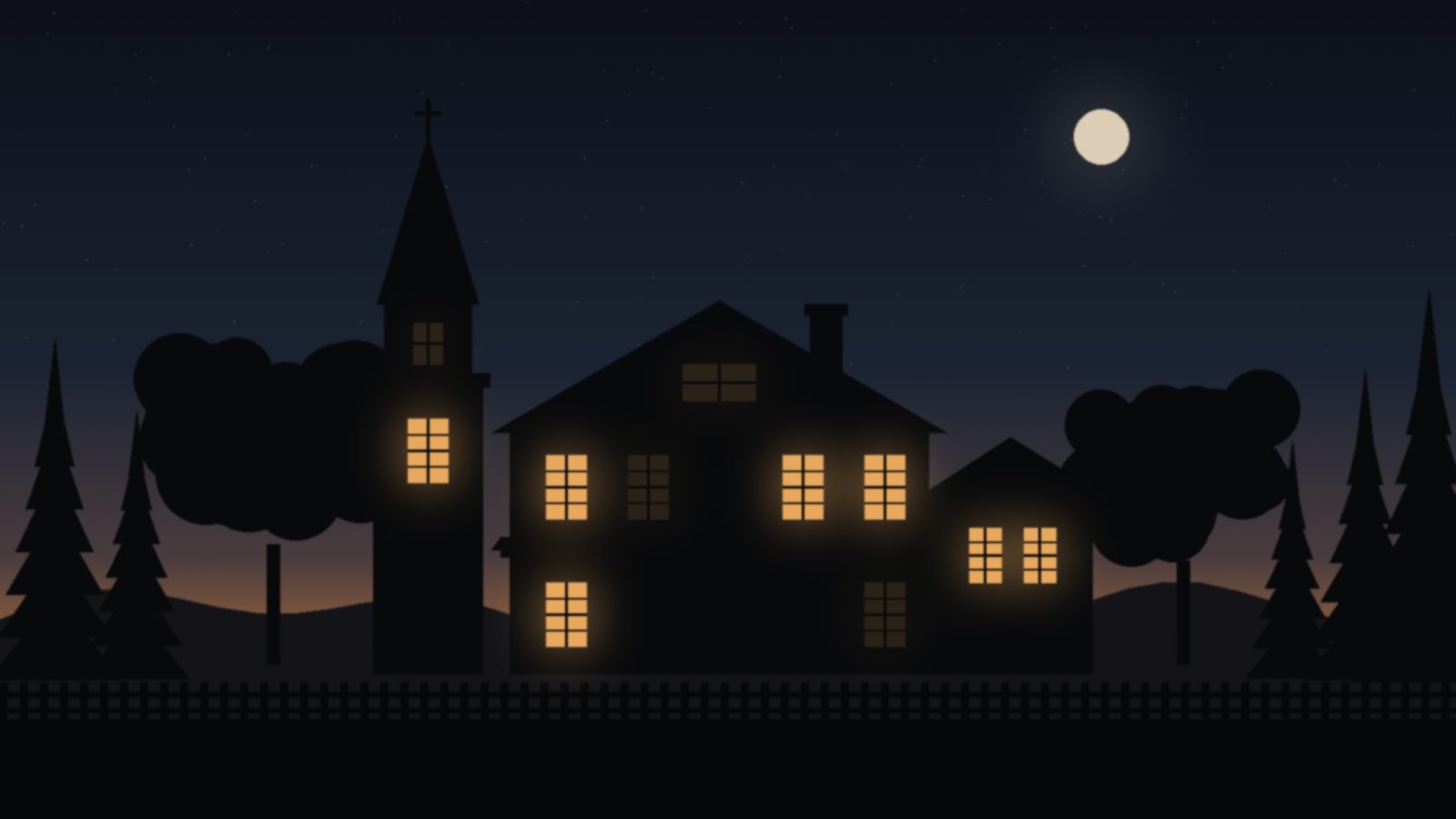 A nineteenth-century clapboard house with a slender steeple tower at dusk, its windows lit from within